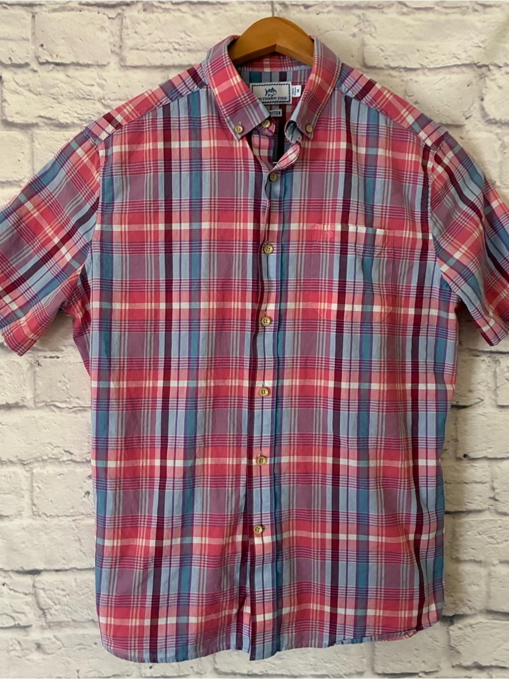 Southern Tide Button-Down Plaid Short Sleeve Shirt - Pink & Blue - Medium